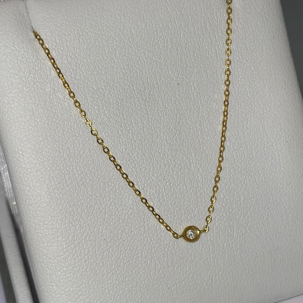 Solid 14K Yellow Gold Natural Diamond Solitaire XS Bezel Necklace Minimalist - Picture 5 of 13